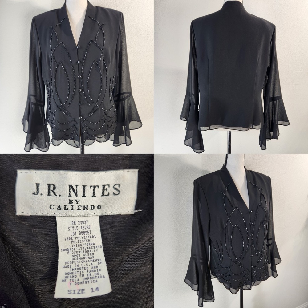 Vintage J.R. Nites Caliendo Womens 14 Black Studded Bell Sleeve Blazer Jacket
